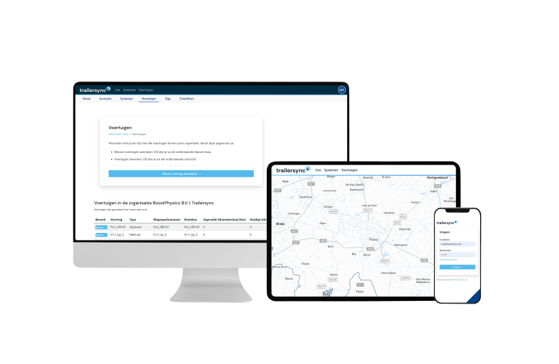 Trailersync dashboard op computer, tablet en telefoon